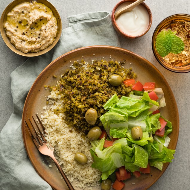 Greek Falafel Mezze Plates with Hummus, Couscous & Olives