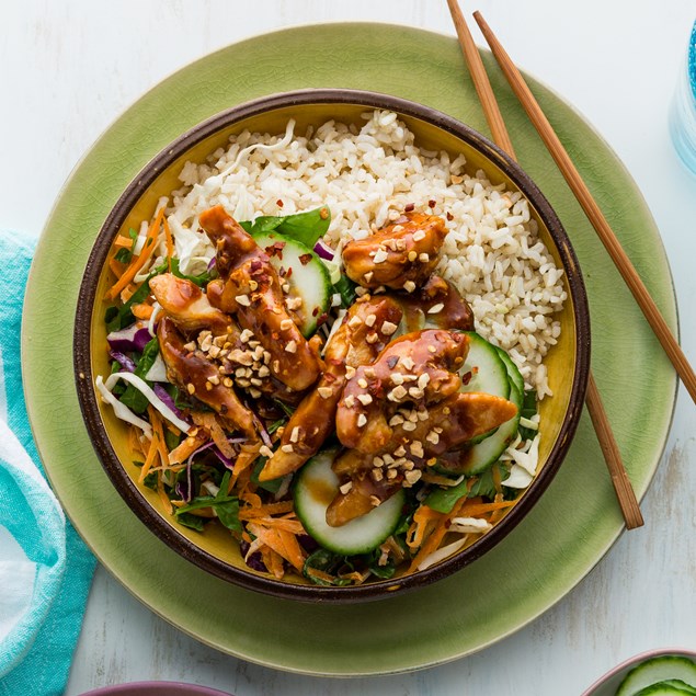 Hoisin Chicken Rice Bowls with Cucumber Pickle
