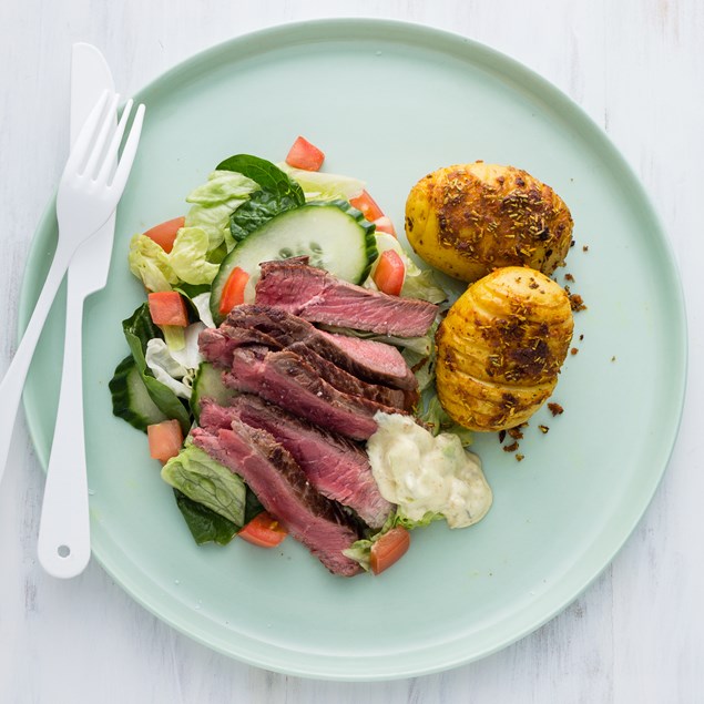 BBQ Beef with Hasselback Potatoes and Piccalilli Aioli