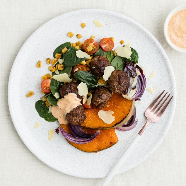 Chorizo Meatballs with Pumpkin and Charred Corn 