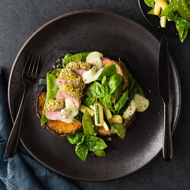 Pesto Crusted Lamb Loin with Buttered Greens and Béarnaise