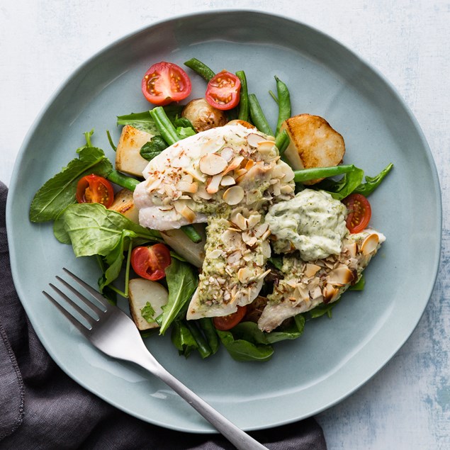 Baked Pesto Fish with Spring Roast Potato Salad