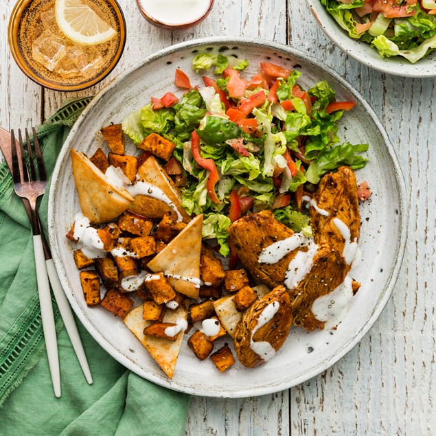 Chicken Fattoush Salad with Pomegranate Dressing