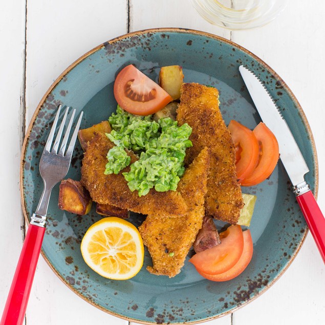 Peri Peri Crusted Fish with Kumara and Smashed Peas