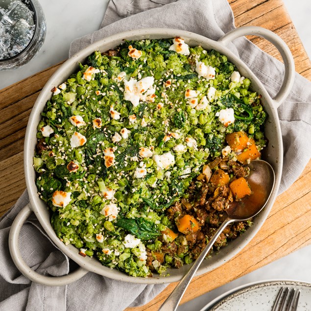 Beef & Pork Pie with Smashed Super Greens & Feta