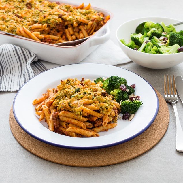 Lamb Pasta Bake with Courgette Crumble and Broccoli Salad