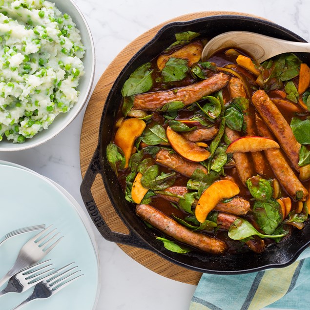 Devilled Pork Sausages with Pea Mash