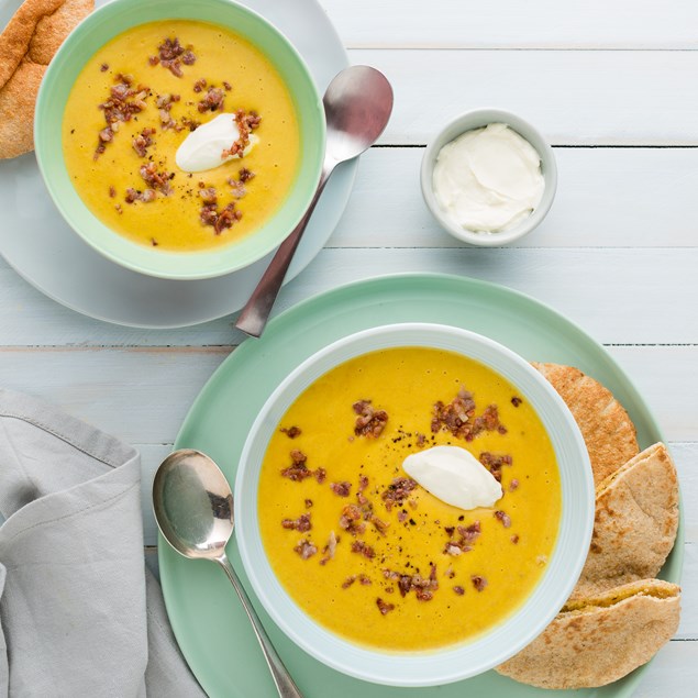 Roast Pumpkin and Bacon Soup with Garlic Pita Pockets