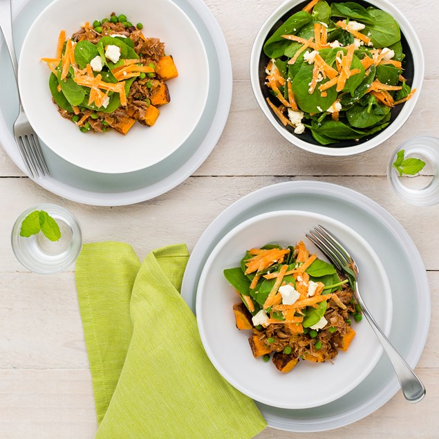 Pulled Lamb, Pea and Mint with Feta and Spinach Salad