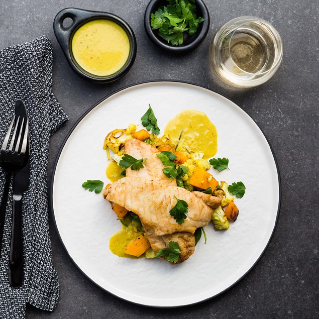 Pan-Fried Fish with Roasted Vegetables and Coconut Cardamom Cream