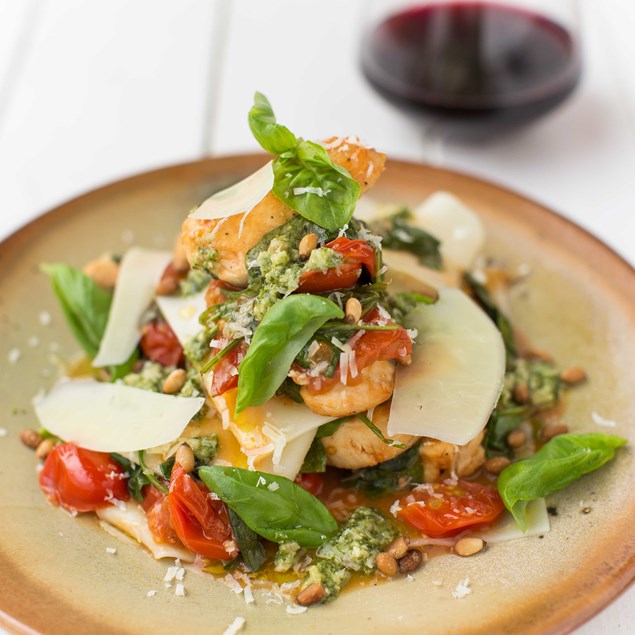 Open Chicken Lasagne with Cherry Tomatoes, Basil Pesto and Pine Nuts